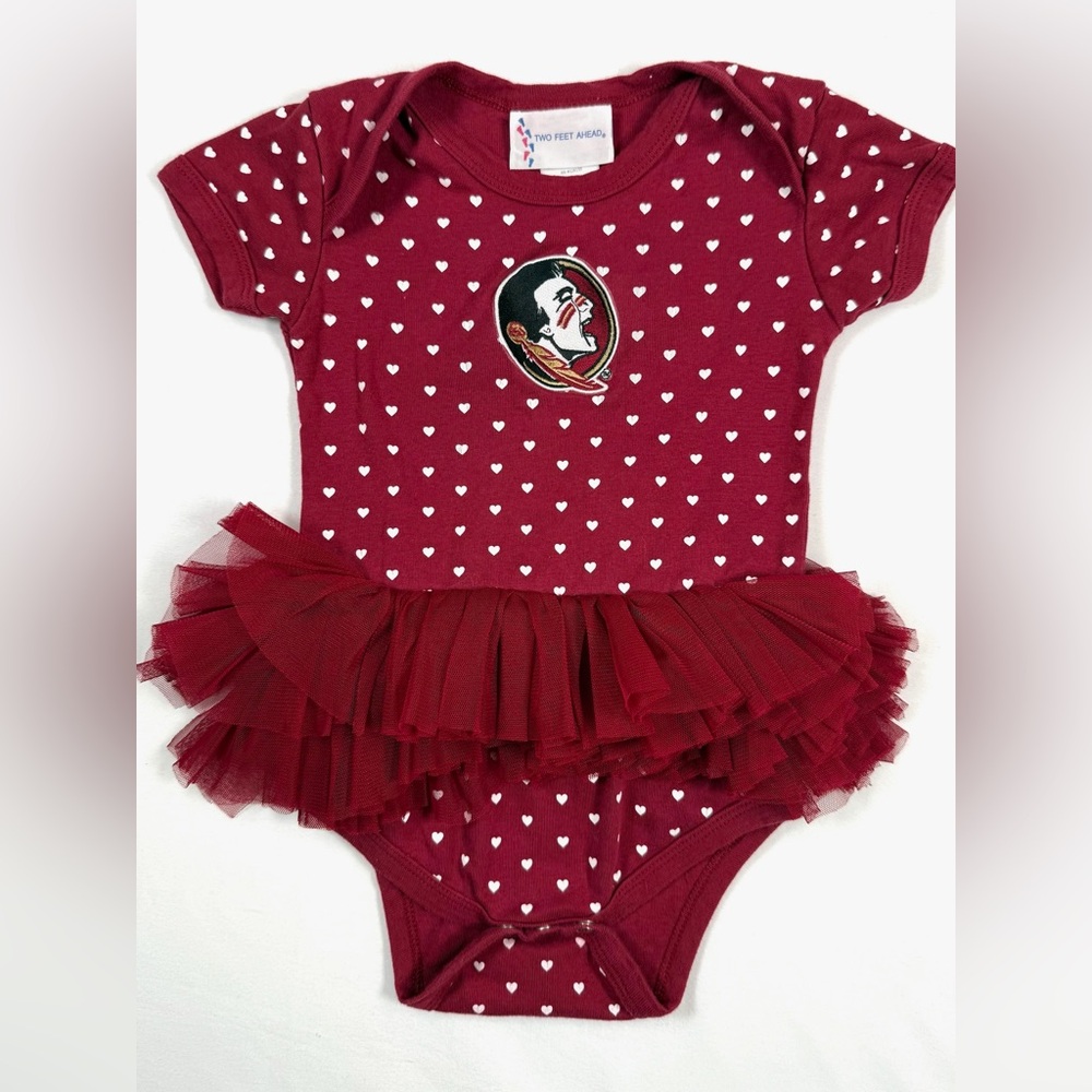TWO FEET AHEAD Baby Girl Florida State Seminole Heart Print Tutu‎ Romper 18M FSU